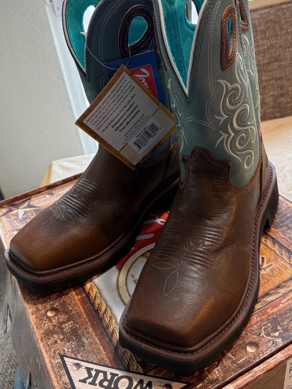 Tony Lama Work RR3401L Women’s Western Work Boots Brown Teal Waterproof 9C NIB - Picture 2 of 7
